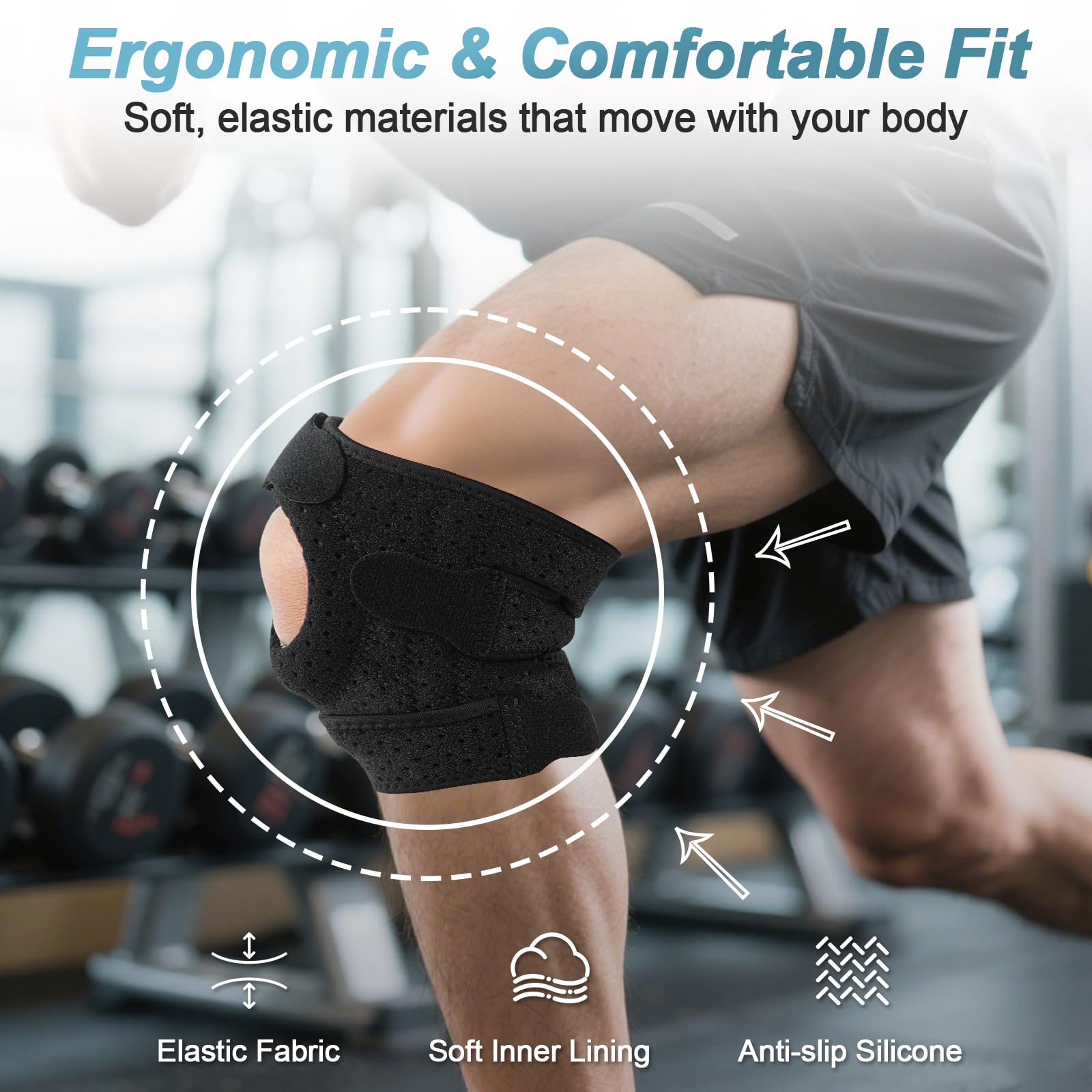 Confezione da 2 ginocchiere rotulee, per uomini e donne, ginocchiera regolabile per menisco e artrosi, supporto per ginocchio con protezione in silicone per corsa, sport - stabilizzazione, traspirante