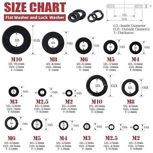 Miniatura 2 de Hilitchi Juego surtido de 640 piezas 8 tamaños de acero aleado de arandela plana y arandela de bloqueo - Tamaño incluido M2 M2.5 M3 M4 M5 M6 M8 M10