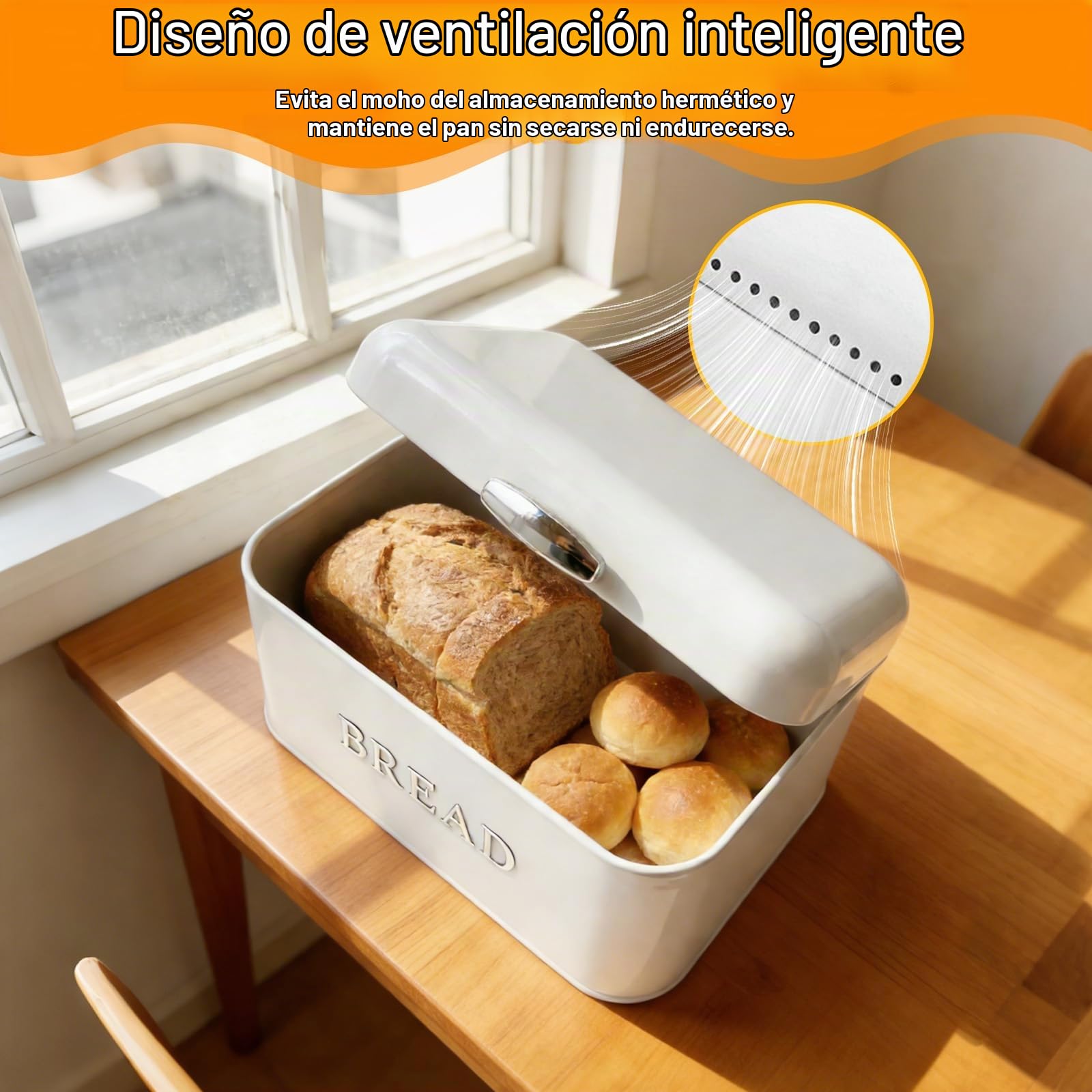 Panera Cocina Grande con Tapa, Paneras Mesa Blanco, Recipiente Almacenamiento Fácil Limpiar, Caja Metal Vintage para Guardar Pan, Galletas, Pasteles, Bollería, Frutas (30 x 16 x 18cm)