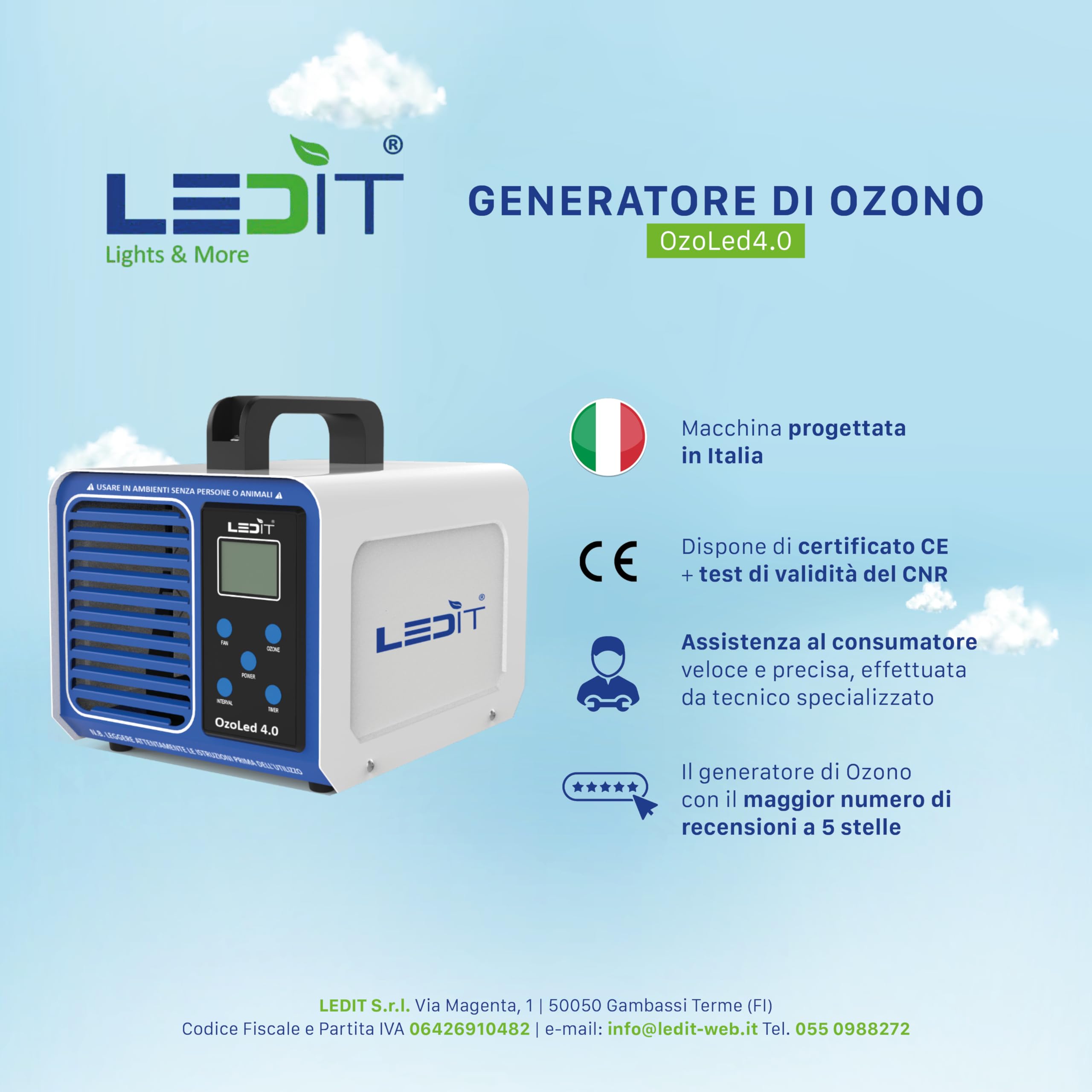 LEDIT Generatore Ozono Domotico 4.0 10.000mg/h Progettato in Italia–Ozonizzatore Professionale 0-200 m² –Purificatore d’Aria Certificato CE&CNR–Timer,Controllo Remoto App,Uffici Garage Auto Casa Hotel