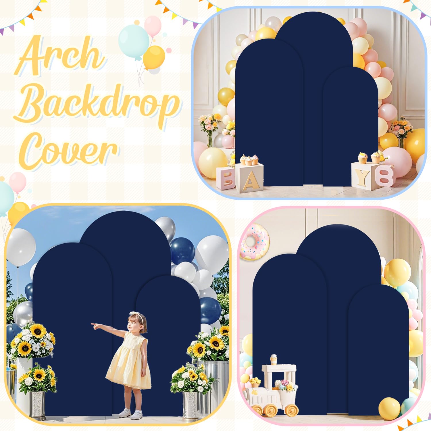 Lot de 3 housses de toile de fond extensibles en élasthanne pour arche de mariage - 2,2 m, 2 m, 1,8 m - Pour fête d'anniversaire, fête prénatale