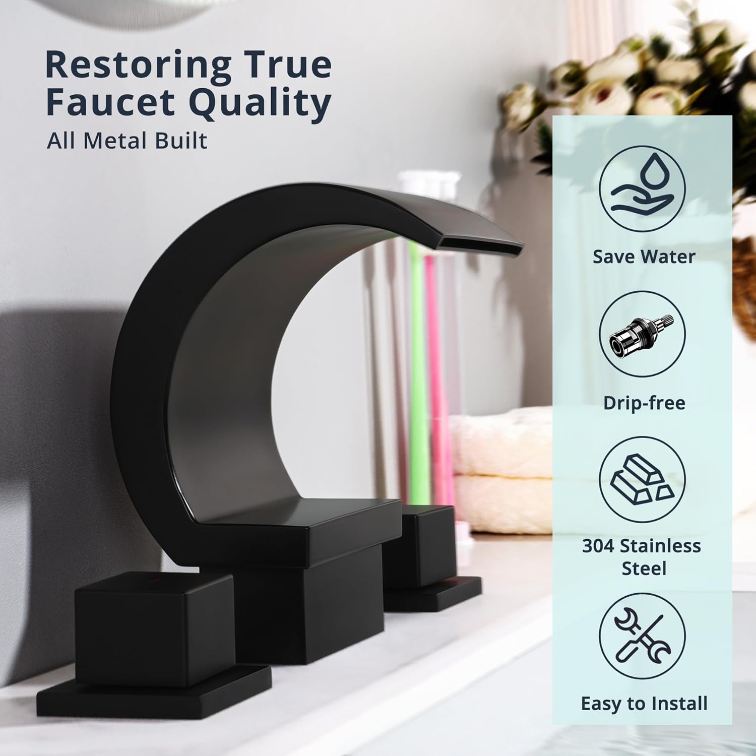 Matte Black Waterfall Bathroom Faucet with LED Light, 3 Hole Bathroom Sink Faucet and Parts, Modern 8 Inch Widespread 2 Handle Vanity Faucets with Supply Lines