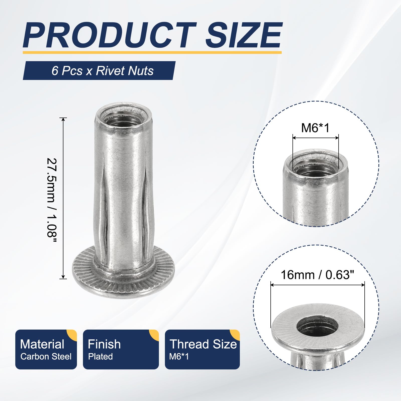 PATIKIL 6 Pcs Multi-Grip Rivet Nuts, M6 Pre-Bulbed Shank Flat Head Threaded Insert Nuts Carbon Steel Plus Nuts for Fastener - Image 2