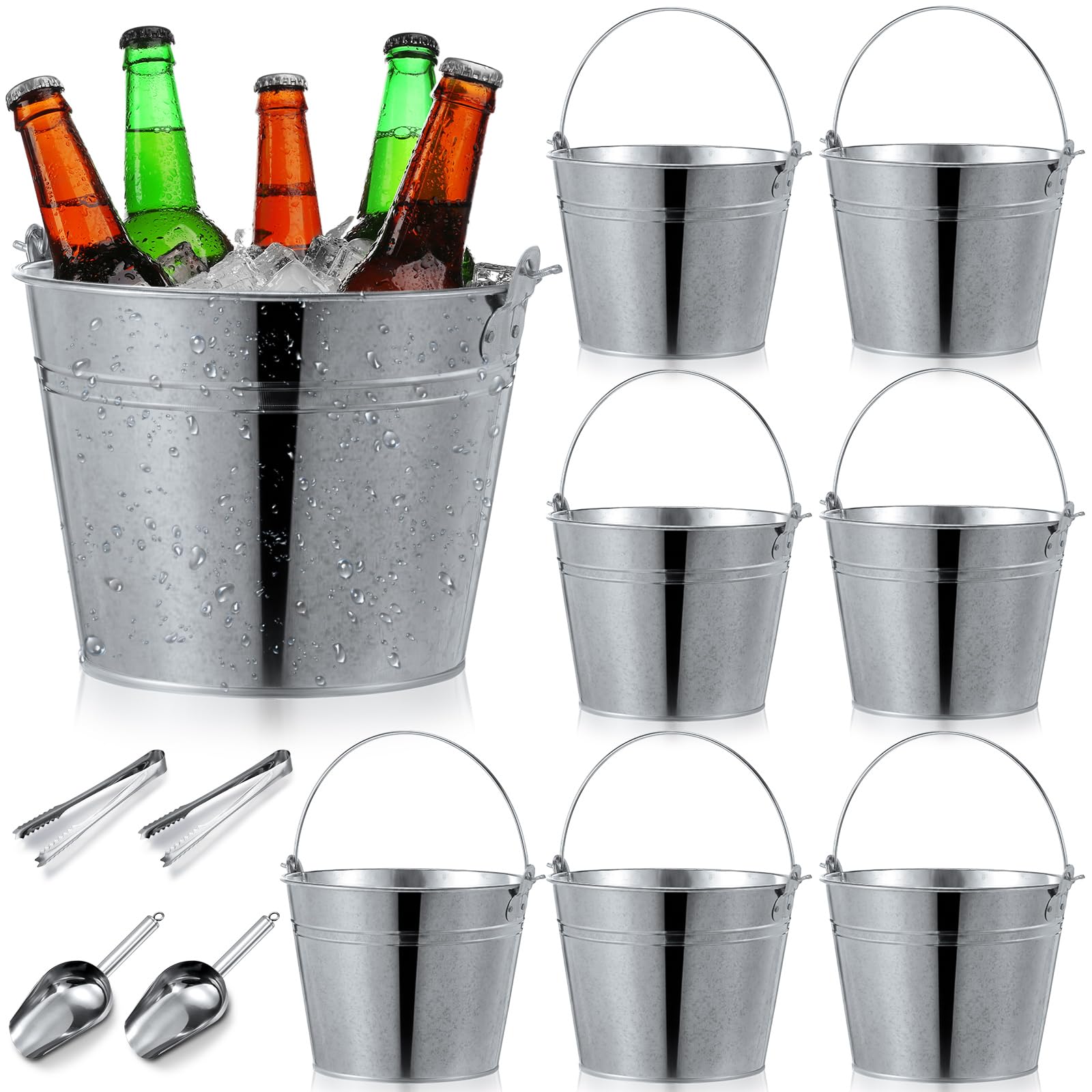 Zopeal 12-teiliges verzinktes Bierkübel-Set, enthält 8 Metall-Eiskübel mit 2 Schaufeln und 2 Zangen, runde silberfarbene Eimer, Großpackung für Hochzeiten, Geburtstage, Strand, Pool
