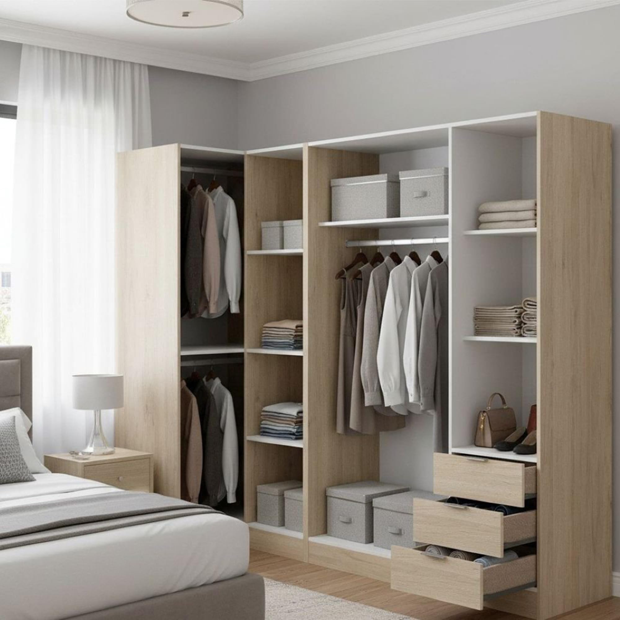 Dmora - Großer Kleiderschrank Succiso, Eckschrank für Schlafzimmer, Eckschrank mit 5 Flügeltüren, 214 x 91 x 184 cm, Eiche