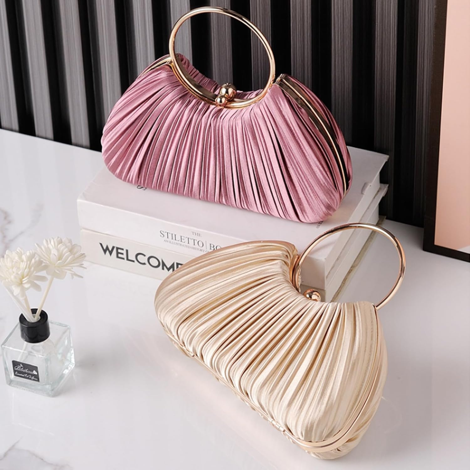 CORIOS Women Evening Bag Pleated Clutch Bag Silk Handbag Bridal Wedding Purse Small Shoulder Bag Elegant Crossbody Bag