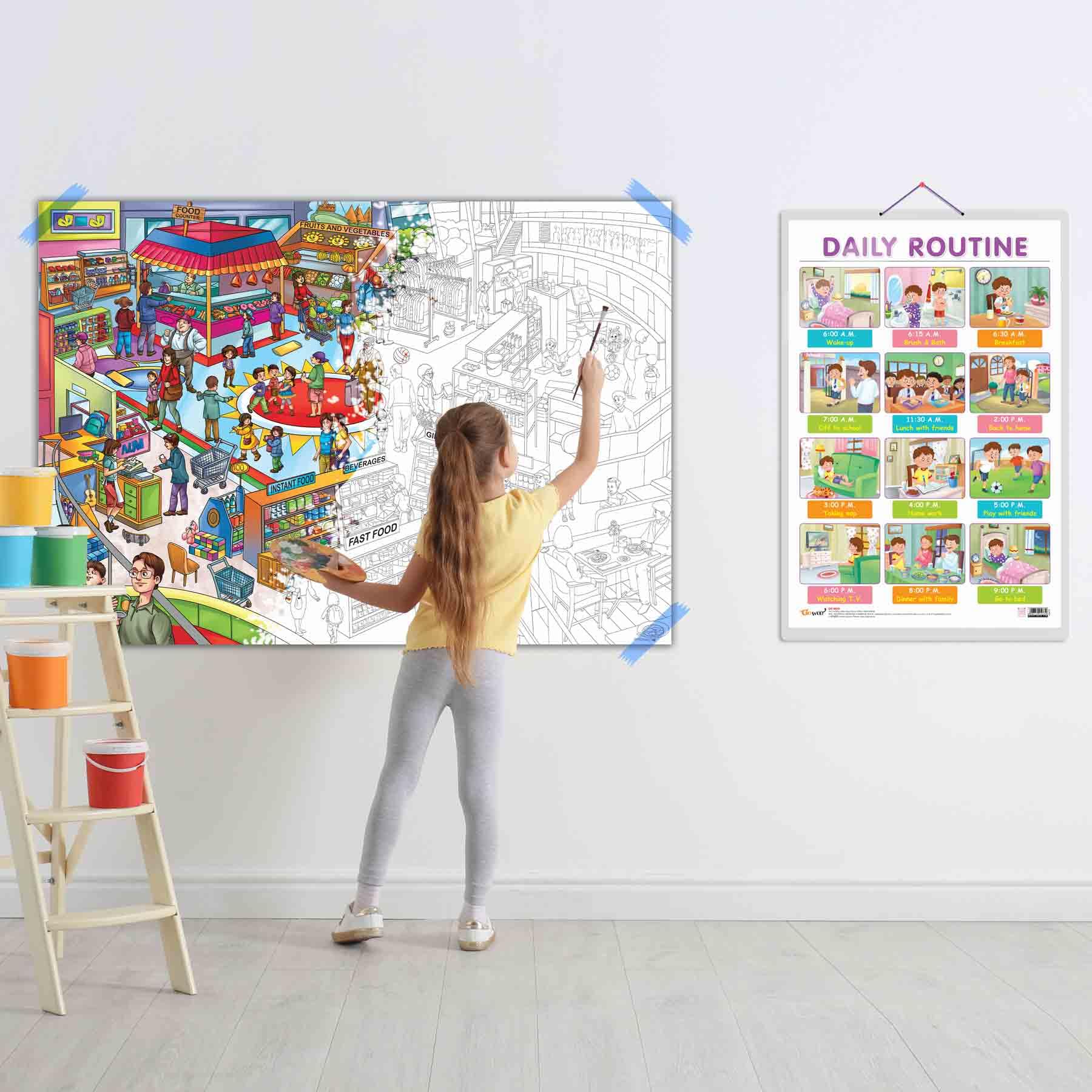 DAILY ROUTINE CHART and GIANT AT THE MALL COLOURING POSTER | SET OF 1 CHART and 1 POSTER | "Interactive Daily Routine chart and Giant Mall colouring Poster: Organize, Learn, Create.