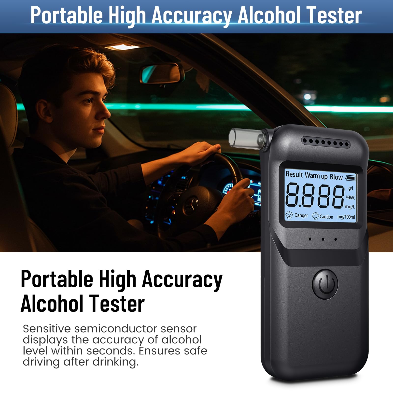 FIVAVA Alcoholimetro Digital Homologado, Alcoholímetro Alcohol Test | Precisión ±0,01% | Portátil LCD Digital | 20 Boquillas Reutilizables | Test Alcoholemia Uso Doméstico/Profesional