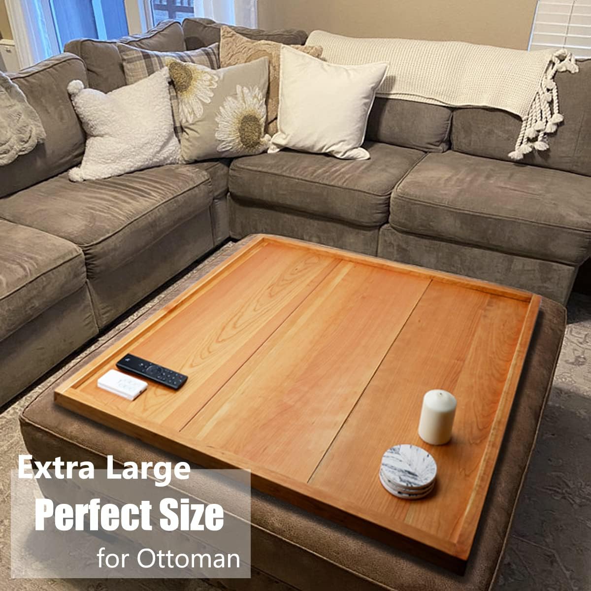 36 x 36 Inches Extra Large Square Cherry Wood Ottoman Tray with Handles, Serve Tea, Coffee Classic 3 Feet Wooden Decorative Serving Tray