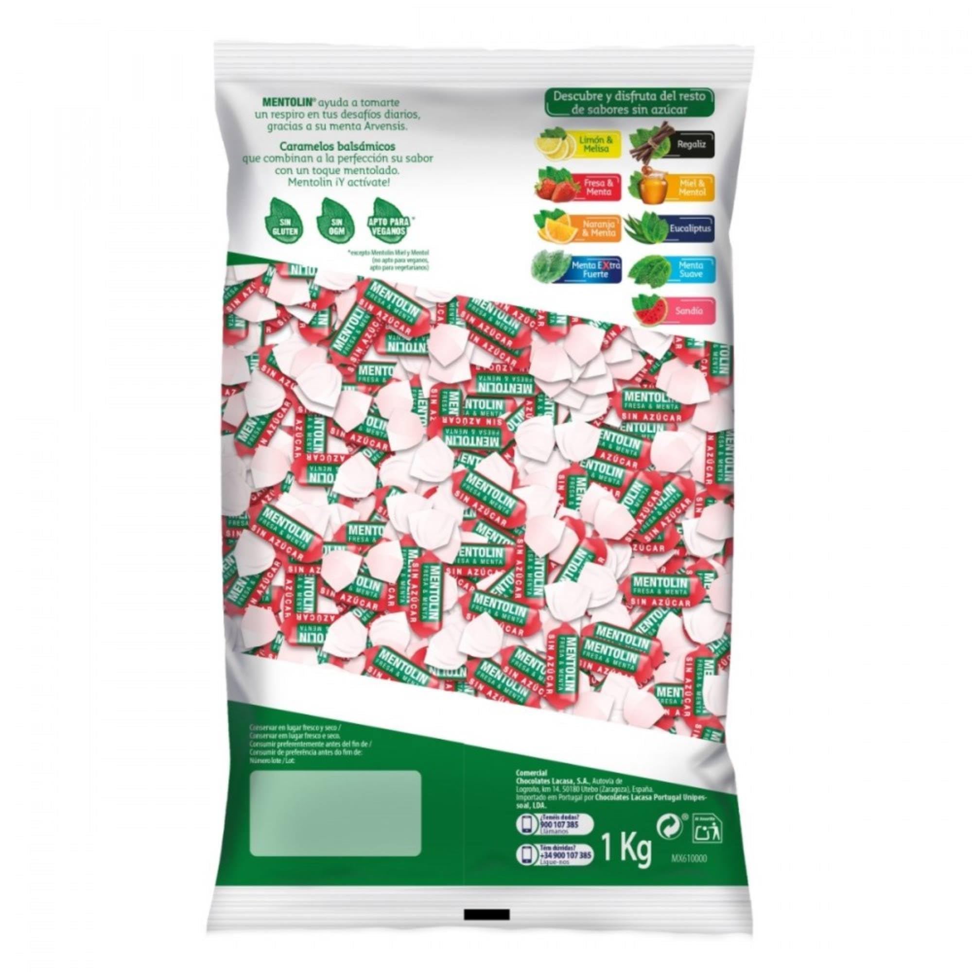 MENTOLÍN pack de 2 kg de caramelos duros sabor menta y fresa sin azúcar, 2x1kg