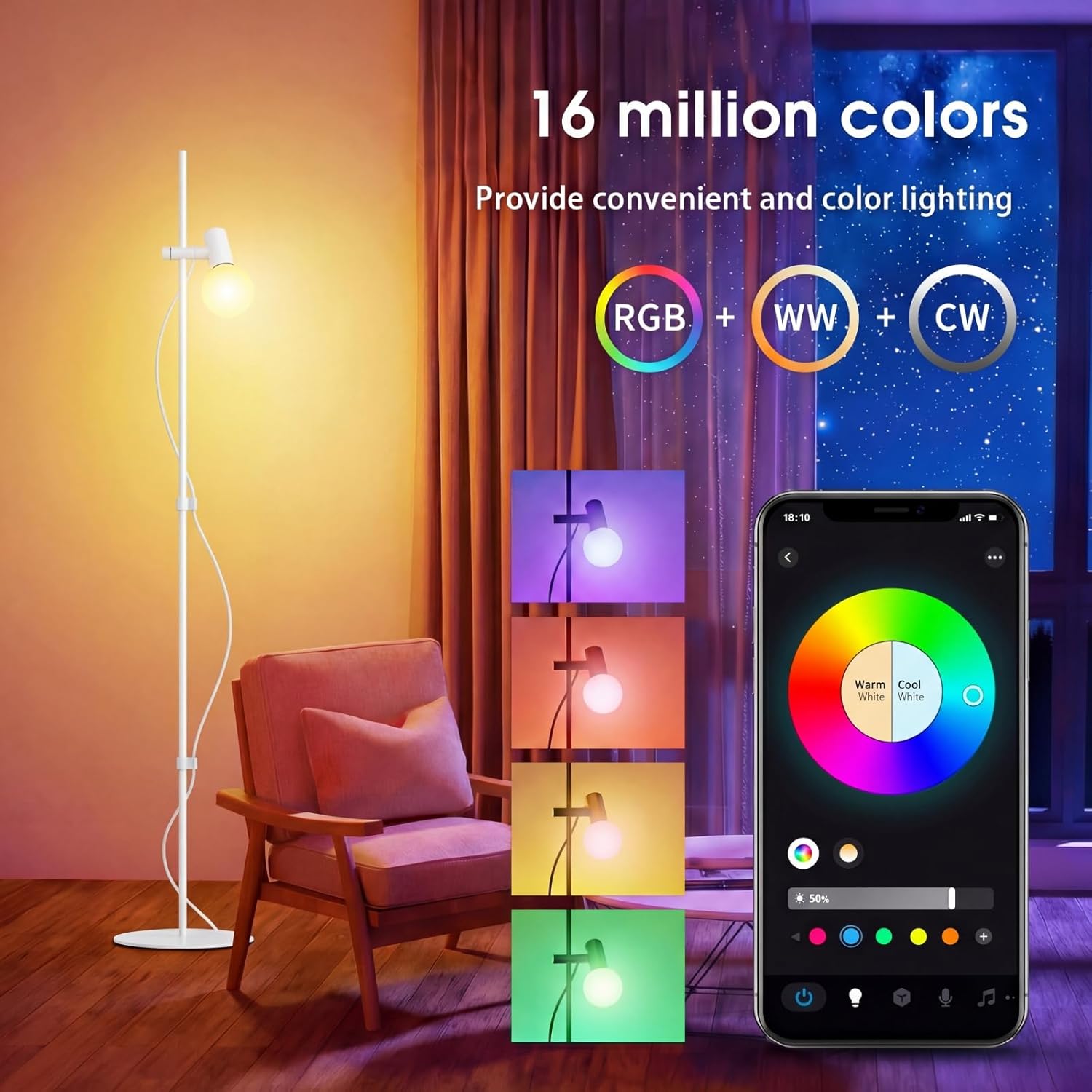 Smart Floor Lamp, LED Bulb Corner Lamp 270° Swivel Head Works with Alexa Google Home, Floor Lamps with Music Sync, 16 Million DIY Colors, Color Changing Standing Lamp for Bedroom Living Room, White