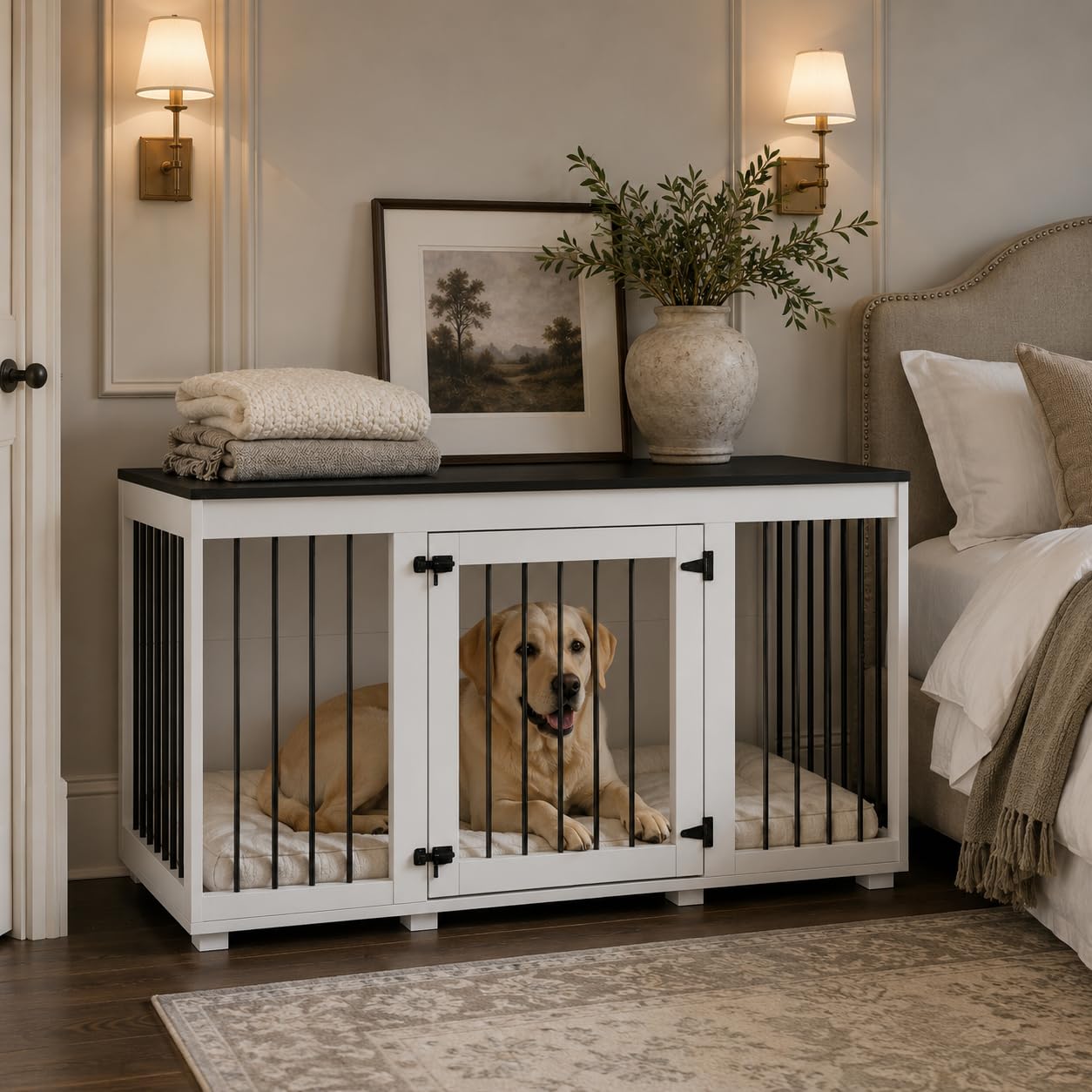 Hundekäfig, Hundekäfig, Möbel, Hundehütte für Zuhause, Hundehaus für drinnen, Hundebox mit Tür Hundekissen, für große mittelgroße kleine Hunde, MDF + Eisen, 136 x 70 x 56 cm, weiß