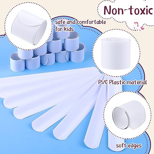 Miniatura 3 de 24 pulseras blancas de 8.7 x 1.2 pulgadas, pulseras de bricolaje para niños, bandas en blanco a granel de plástico liso a presión para proyectos de