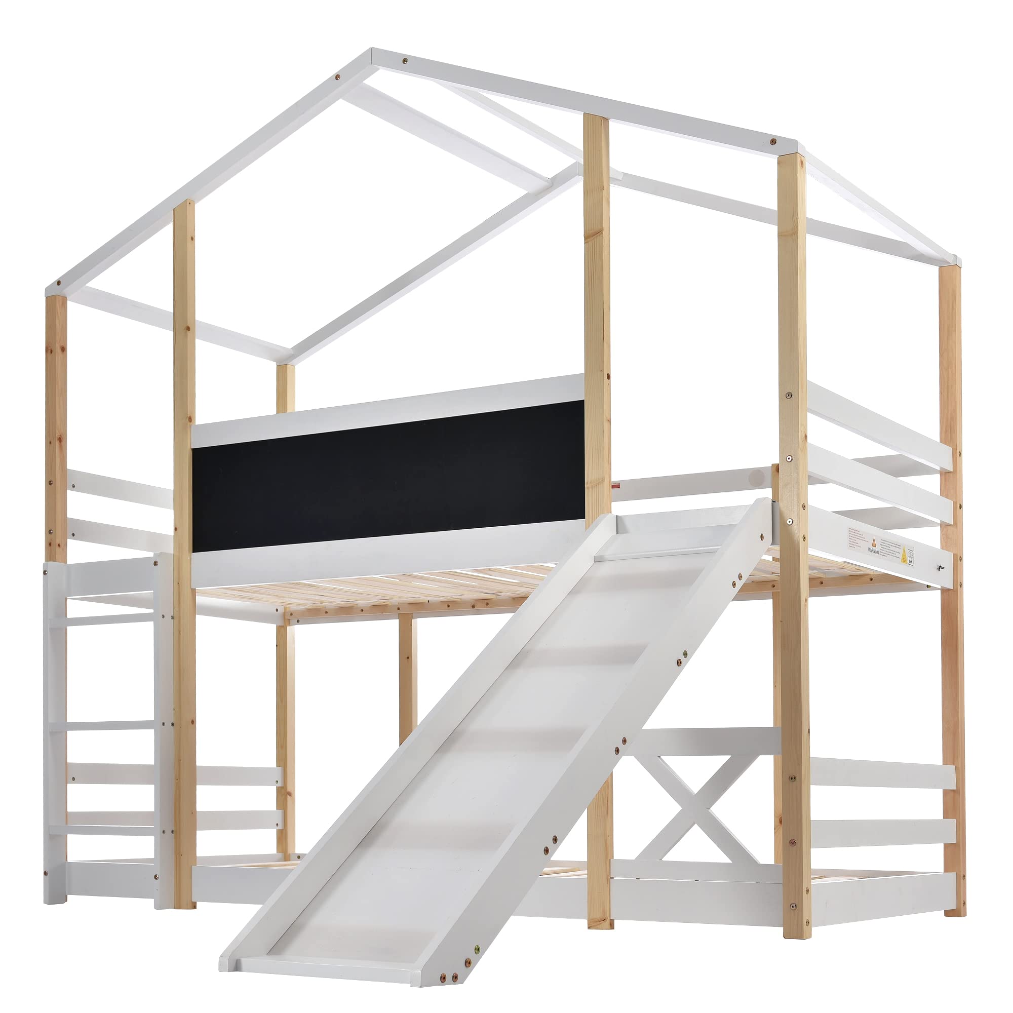Easexcy Hoogslaper, met dak en raam, met drietraps rechte ladder, jeugdbed, kinderbed met glijbaan, grenen MDF, wit walnoot, 90 x 200 cm