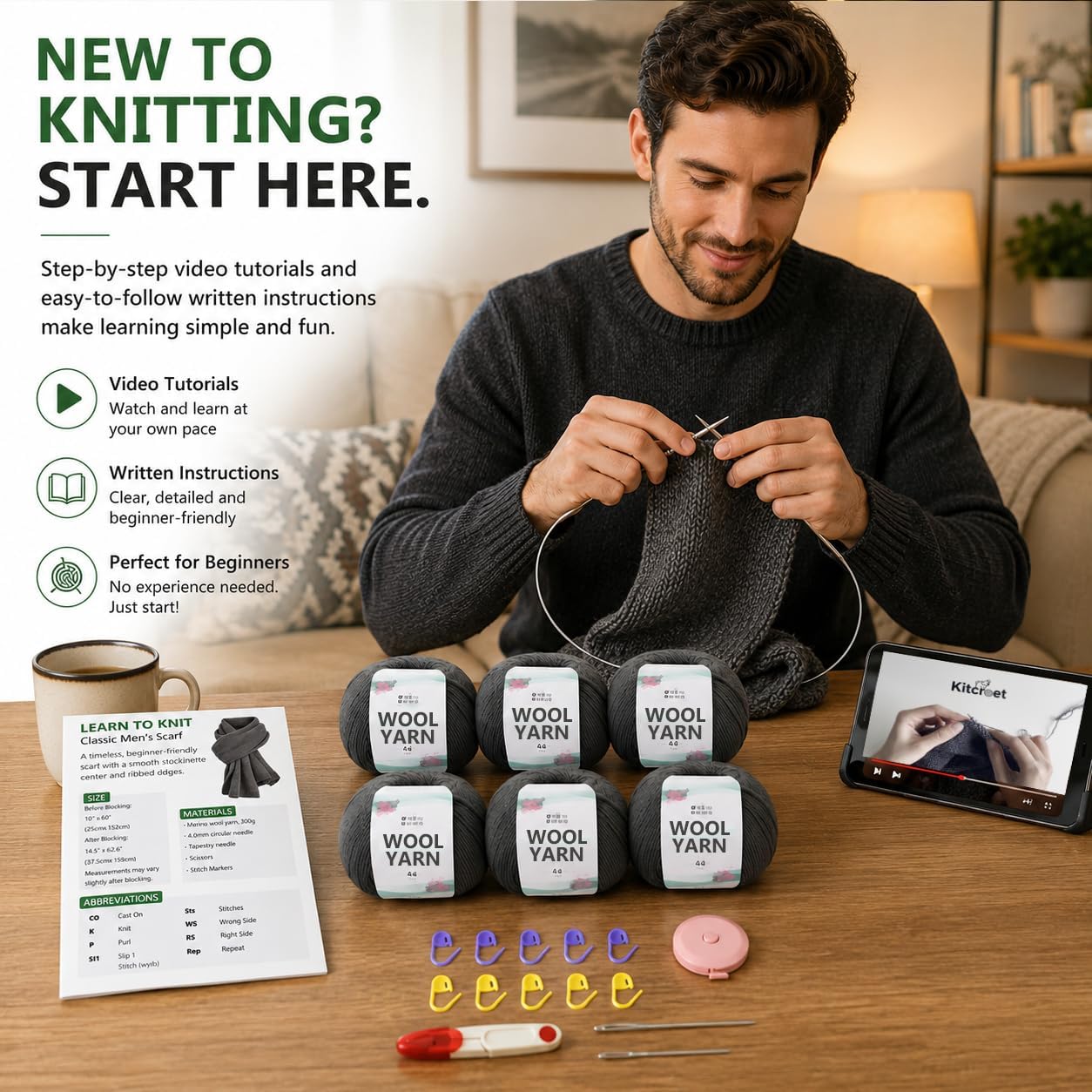 Kitcroet Knitting Kit for Beginners, Complete Starter Kit for Men's Scarf