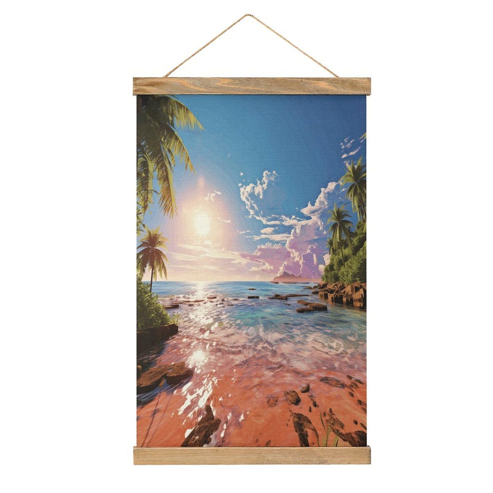 VstaDank Summer Beach with Palm Trees Poster with Wooden Frame Hanger Art Painting Wall Decor Poster Wall Hanging Wooden Frame 13x20 Wood Poster Hanger for Photo Picture Art Canvas Print Artwork