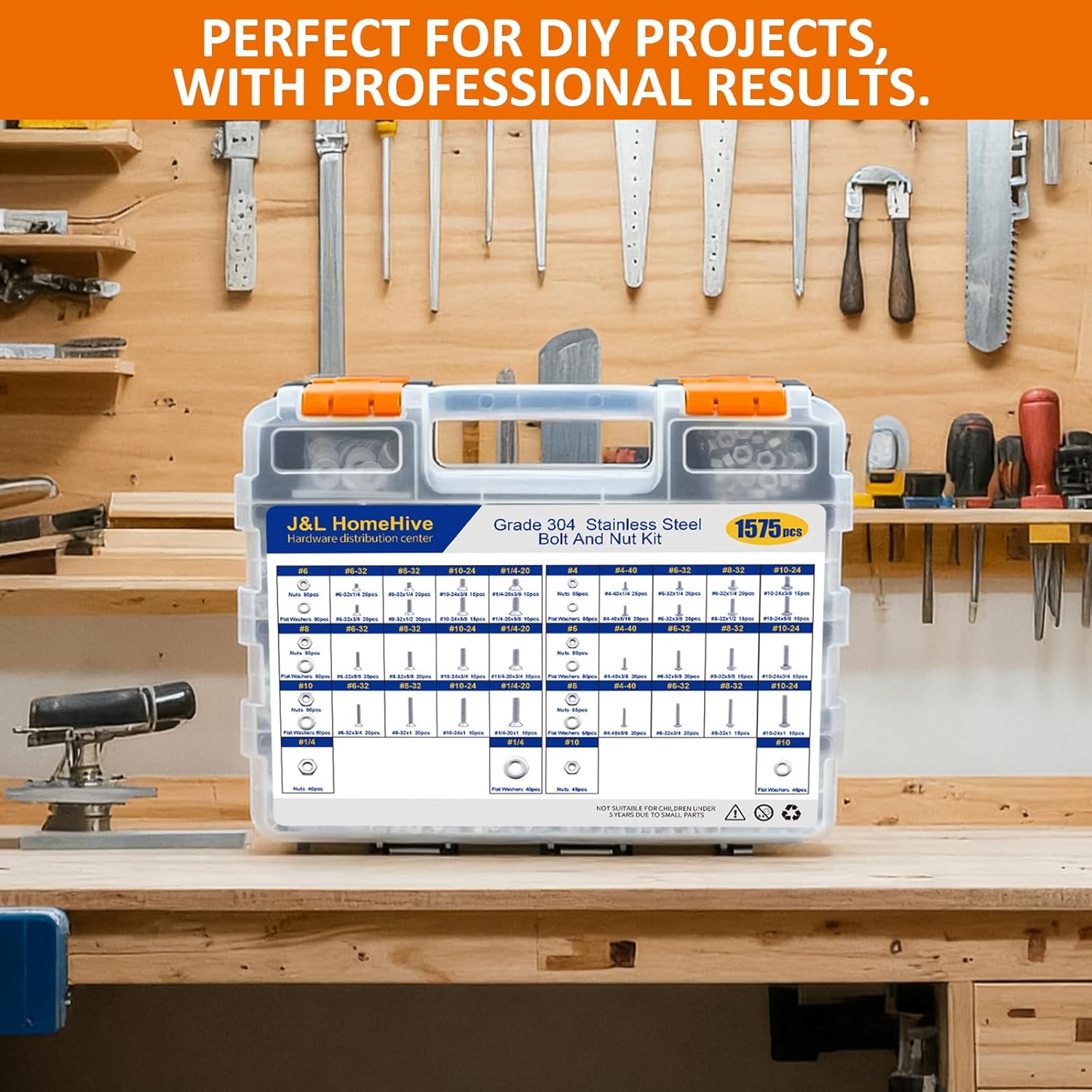 J&L HomeHive Stainless Steel 304 Bolt Nut and Washer Assortment Kit, 1575 Pieces, Flat Head and Pan Head Screws, Multiple Sizes #4 to #1/4, Organized Storage Case (Orange)