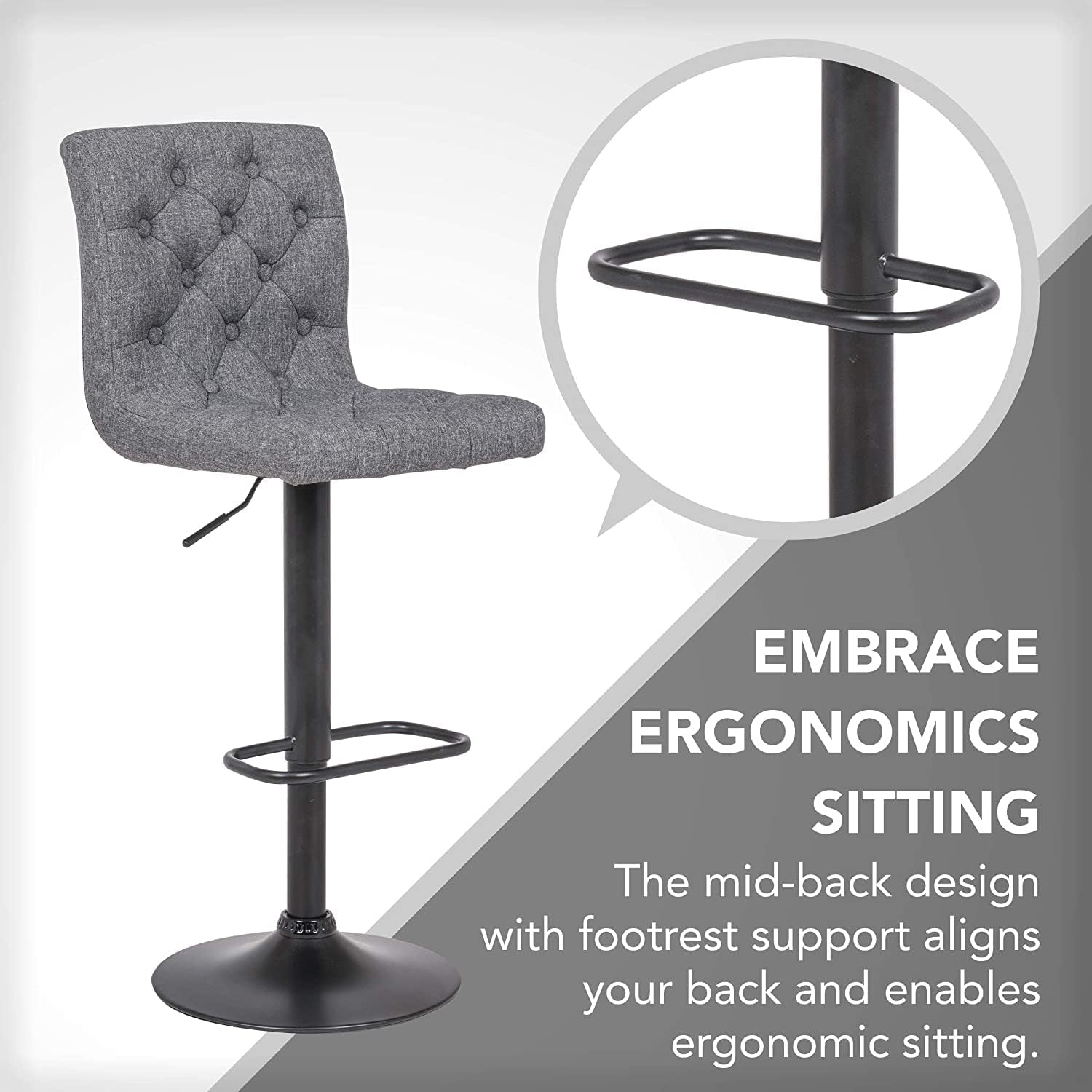 Halter Counter Height Swivel Bar Stools, Barstools Bar Height, Stool Chair, Modern Square Back with Diamond Stitched Pattern, Light Gray and Black