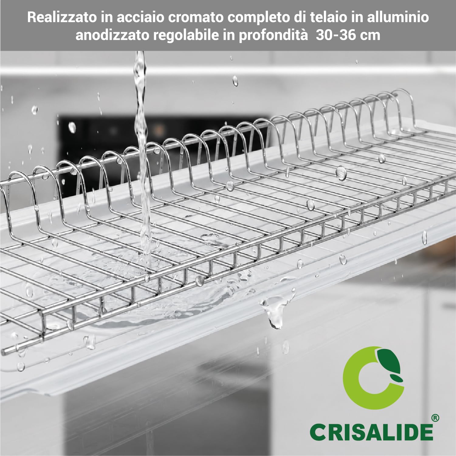Crisalide® Scolapiatti per Pensile in Acciaio Cromato, Modelli 86 cm, Telaio in Alluminio Anodizzato, Vaschetta Raccogligocce Trasparente, Porta Piatti e Bicchieri per Cucina