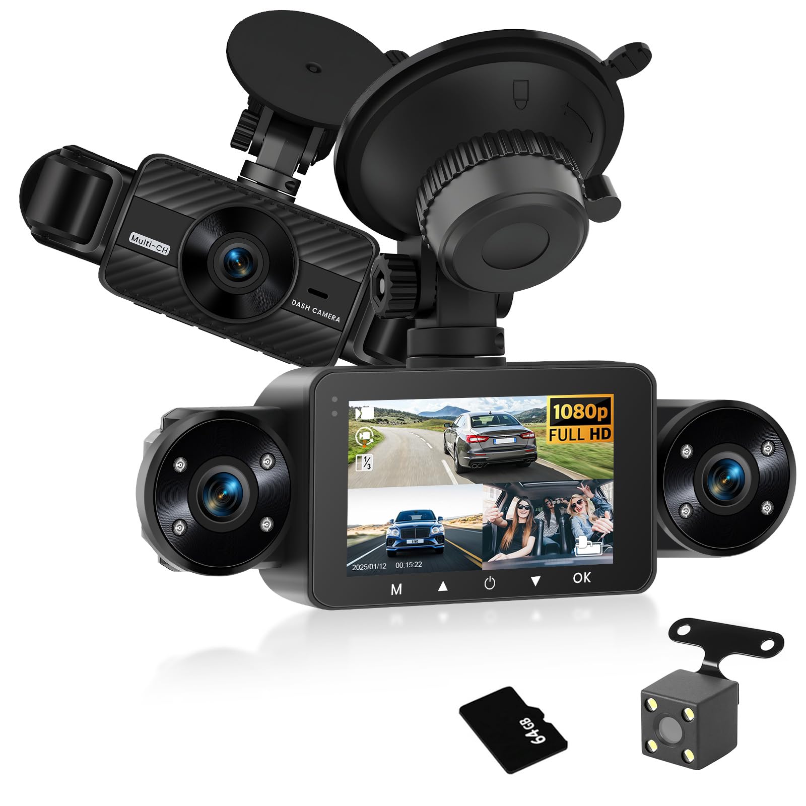 Hodozzy Cámara de Salpicadero Delantera y Trasera de 360° con 4 Cámaras, 1080P, 8 LEDs de Visión Nocturna IR, Pantalla Táctil IPS de 3", Grabación en Bucle, Sensor G, Visión Nocturna+Tarjeta SD de 64G