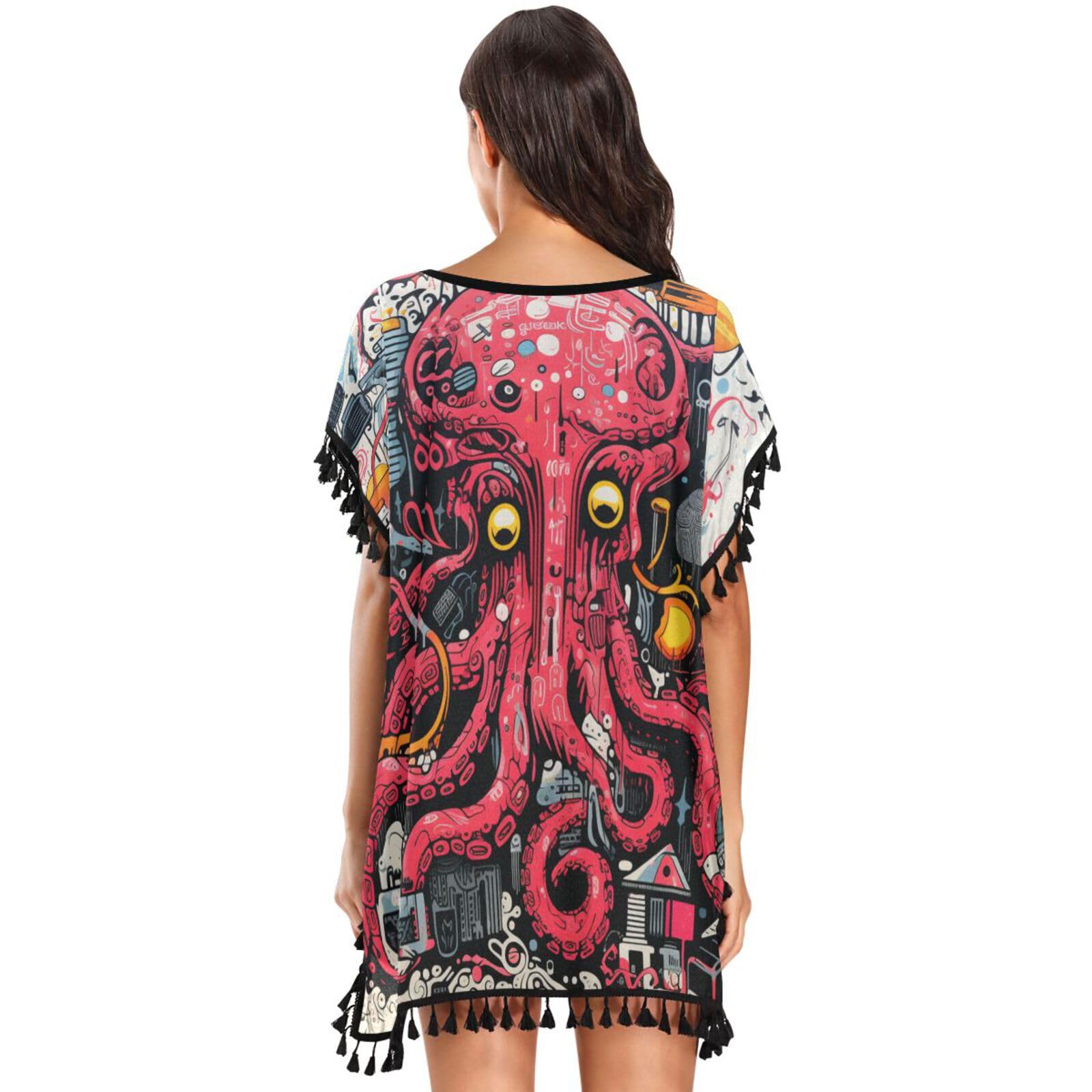 KAAVIYO Majestic Pink Octopus Seahorses Women's Beach Cover Up Chiffon Tassel Swimwear Swimsuit Coverups for Girl