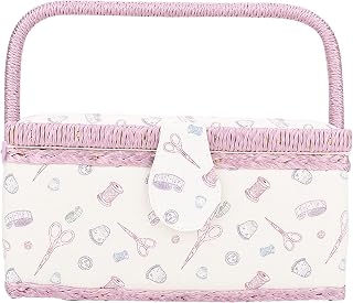 Vintage Sewing Basket, Fabric Craft Storage Box, Double - Layer Household Sewing Organizer with Detachable Tray, Needle Pad and Mini Pocket for Threads Scissors Buttons