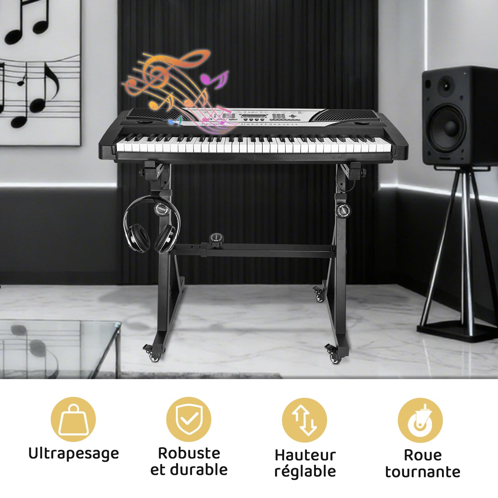 Support de Clavier Piano Réglable en Hauteur 55 à 87 CM, Support de Piano en Z avec 4 Roulettes Pivotantes, Convient aux Pianos de 54 à 88 Touches, Capacité de Charge 160 KG (Noir)
