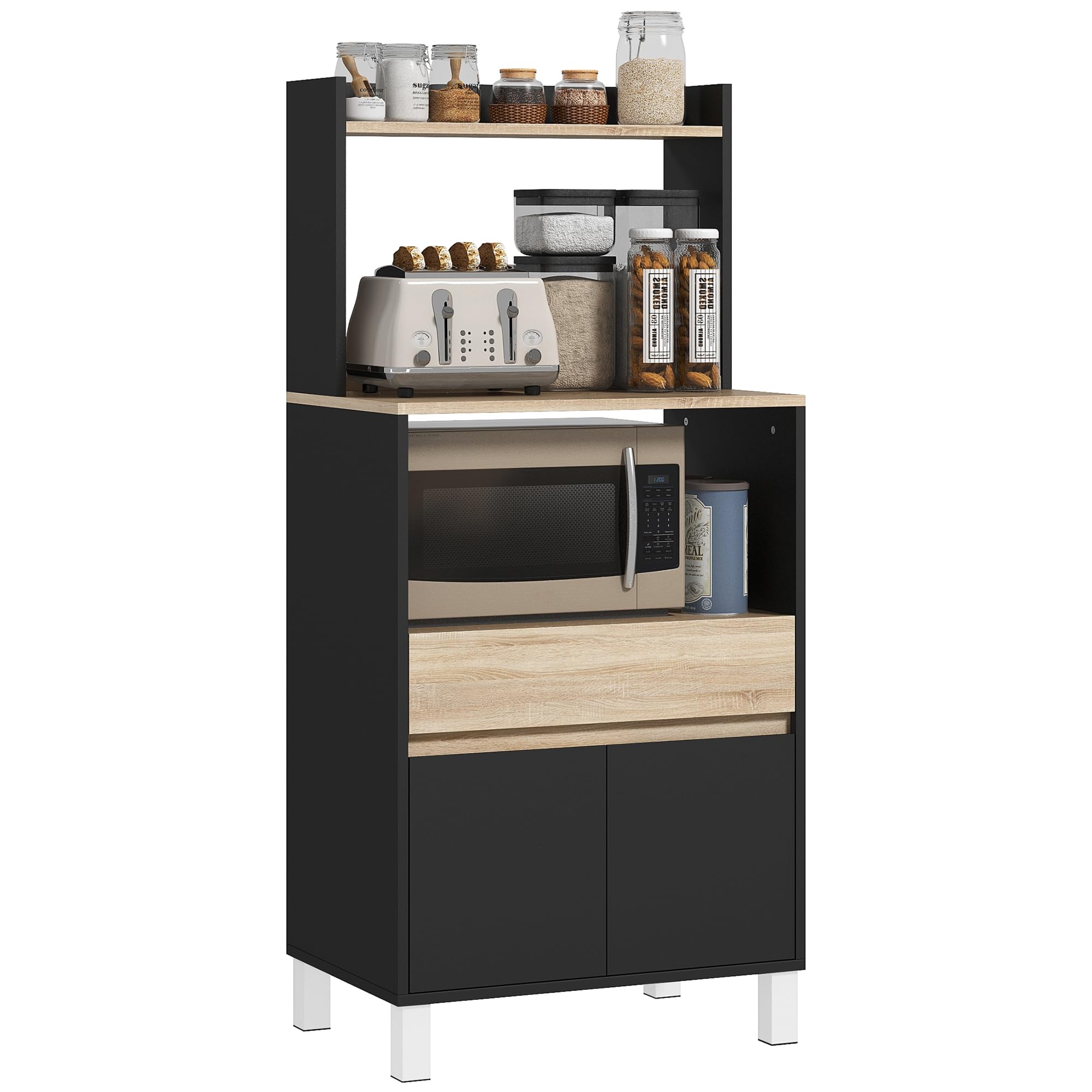 HOMCOM Meuble Micro Onde Buffet Cuisine 60 x 40 x 131 cm Chêne Noir | avec Placard, Tiroir, Étagère Supérieur, Meuble Micro Ondes Cuisine Rangement, pour Salle à Manger, Salon