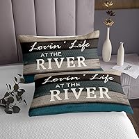 Vista 3 de Juego de colcha de río, tamaño Queen para niños, niñas, juego de edredón rústico de granja con diseño de lago y vida, colcha de paneles de madera
