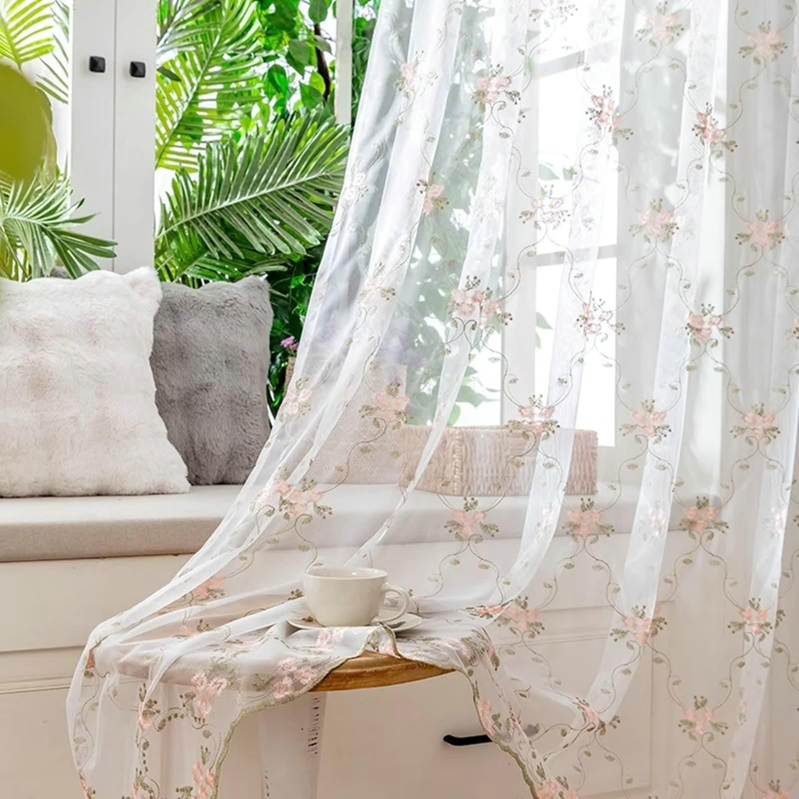 Rideau Fenetre Longue, Voile Rideau Fenetre Blanc Rose Vert Polyester Fleurs et Feuilles Brodées 2 Pièces LxH 300x270cm