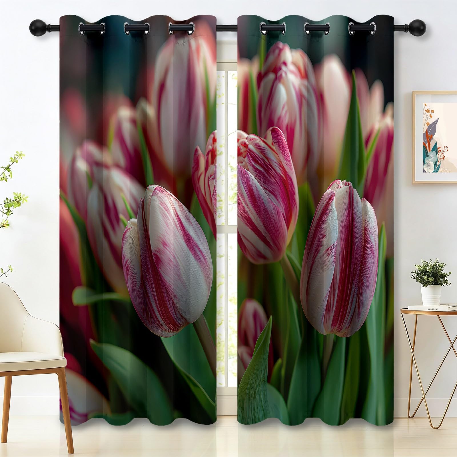 Rideau occultant thermique isolant à oeillets fleurs vertes 140x260
