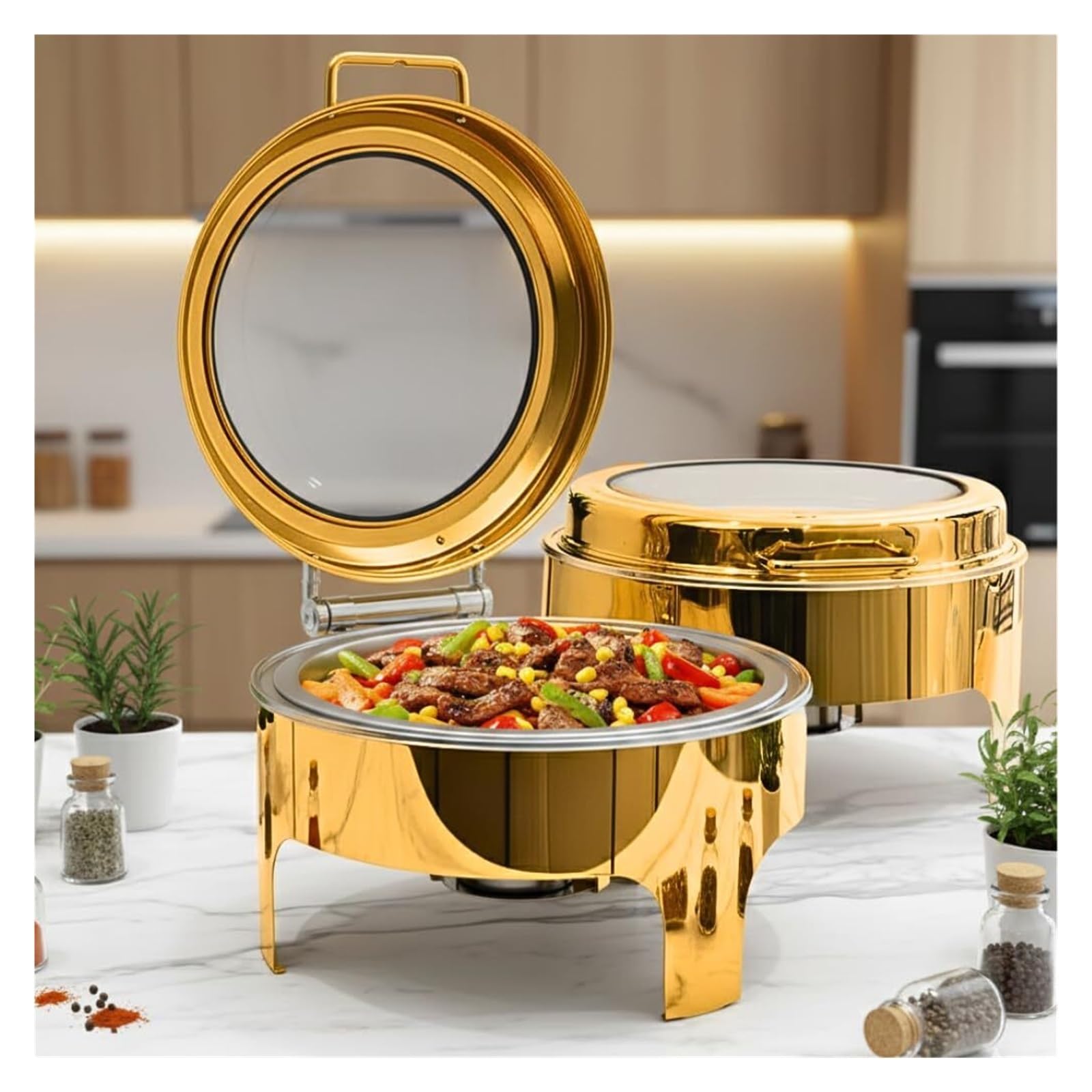 Set da buffet for scaldavivande rotondo in acciaio inossidabile dorato