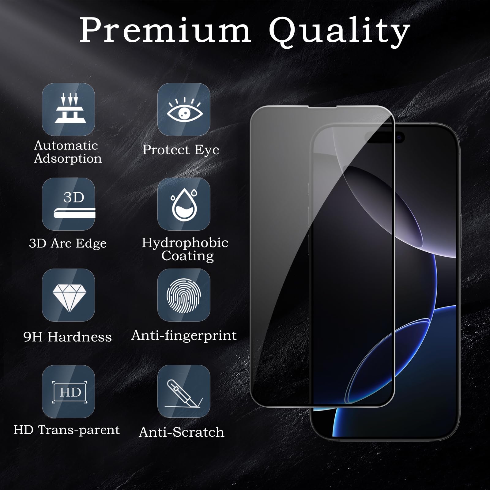 Pellicola protettiva per la privacy per iPhone 16 Pro Max, accessori in vetro temperato infrangibile, pellicola in vetro temperato anti spia, compatibile con custodie, ultra resistente, durezza