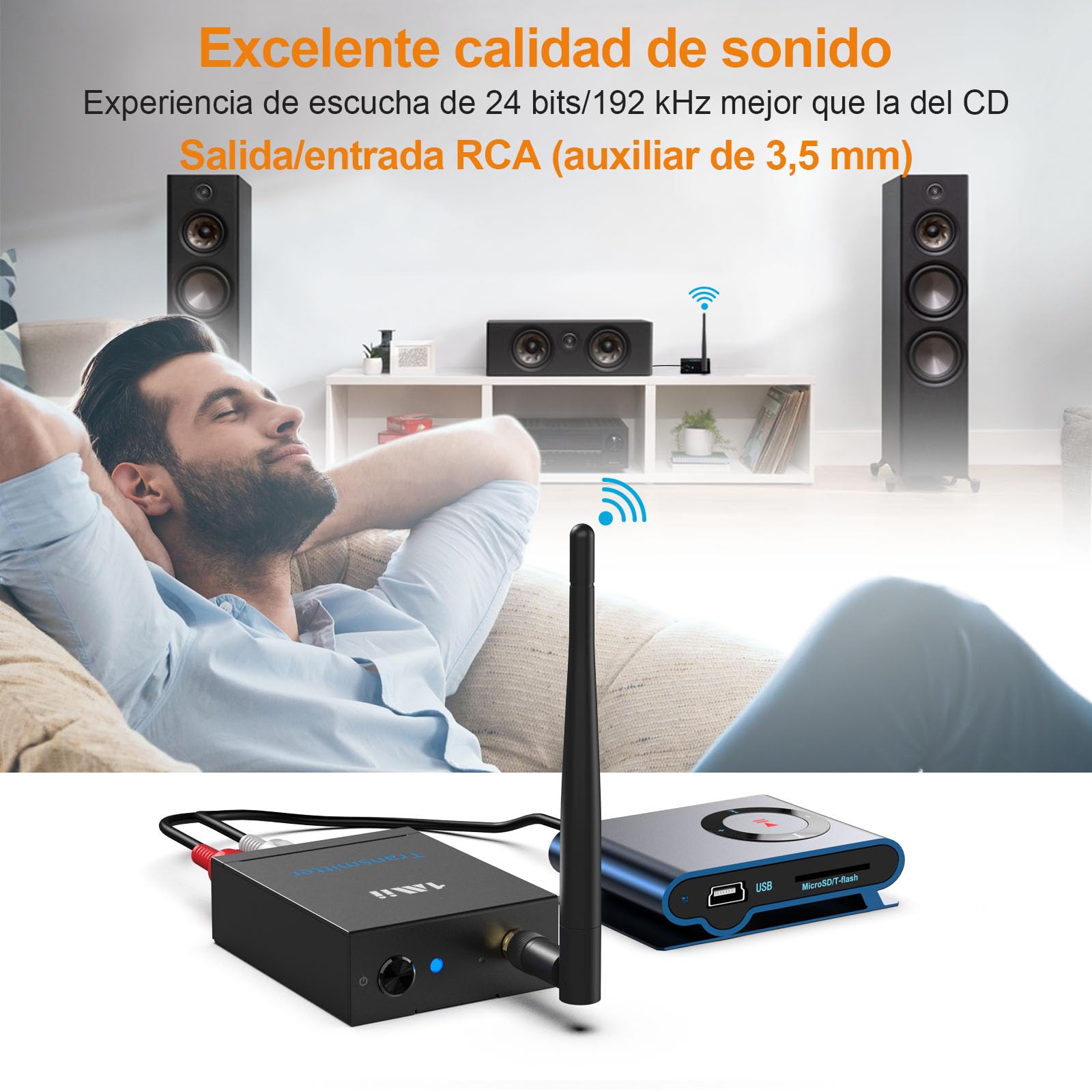 1Mii Transmisor Receptor Inalámbrico Audio HiFi (1TX+1RX), 2.4GHz Adaptador Emisor Audio Largo Alcance 100m, 20ms Baja Latencia Desde TV/PC a Altavoz Activo/Subwoofer/Barra de Sonido, Salida AUX/RCA