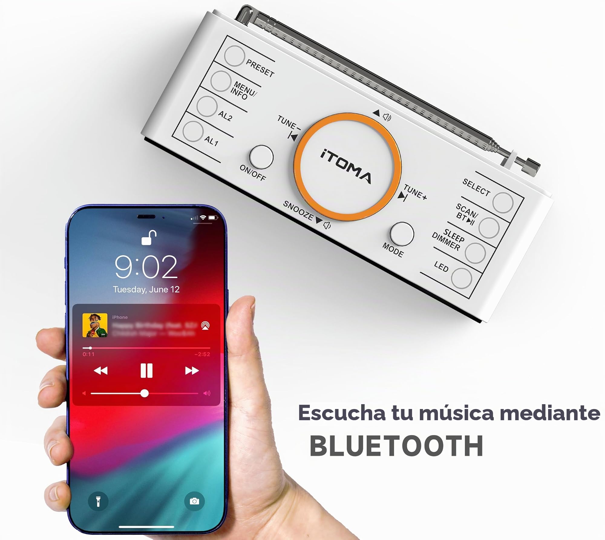 Despertador de radio DAB y FM con 40 preestablecidos, bluetooth, doble alarma, cronómetro de sueño, control de dimmer, cargador USB y enchufe de auriculares iTOMA 728