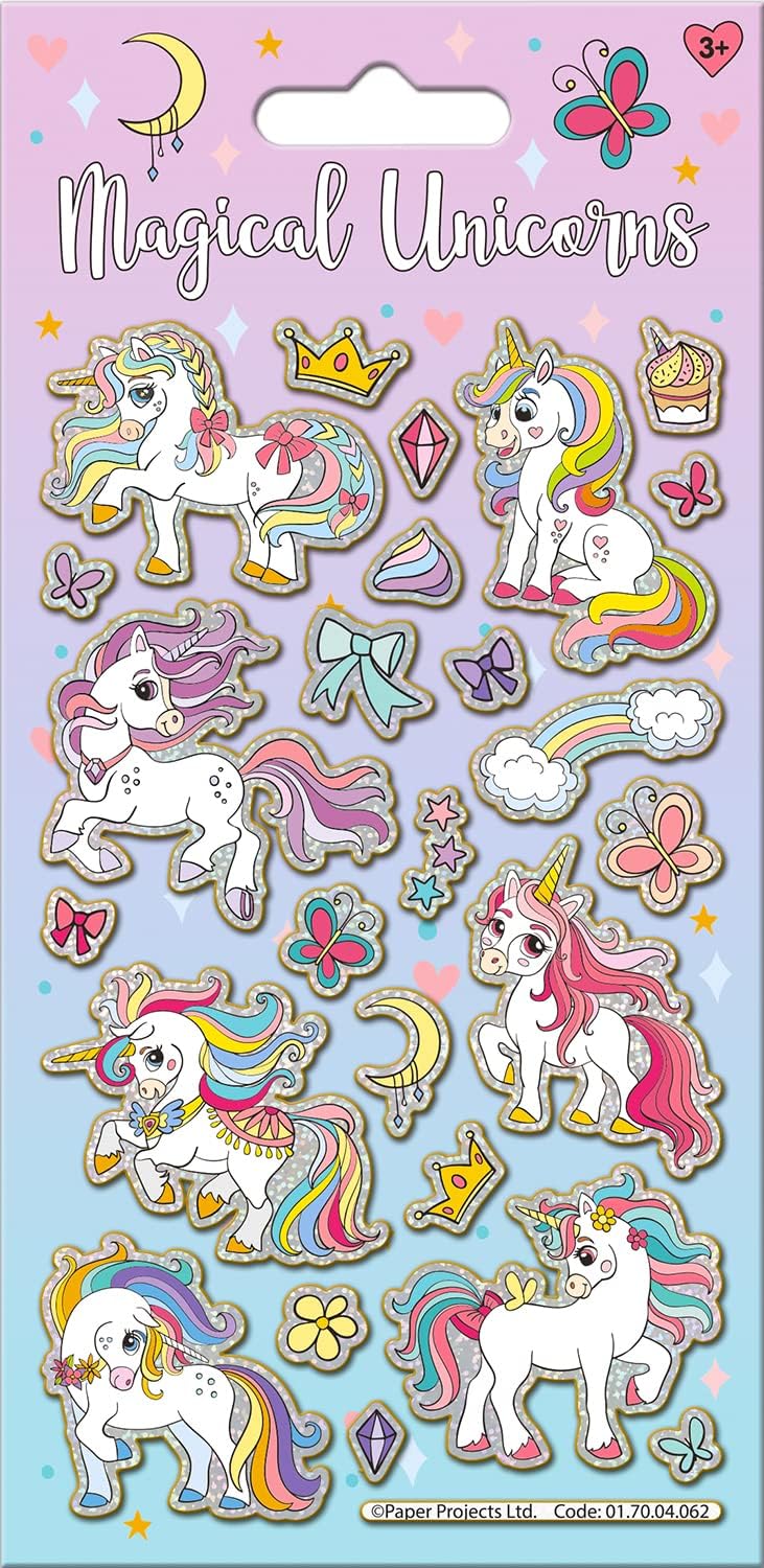 Paper Projects 01.70.04.062 Magical Unicorns Sparkly Stickers | Perfect for Craft Activities for Children and Adults | Reusable on Non-Porous Surfaces, Pink, 19.5cm x 9.5cm
