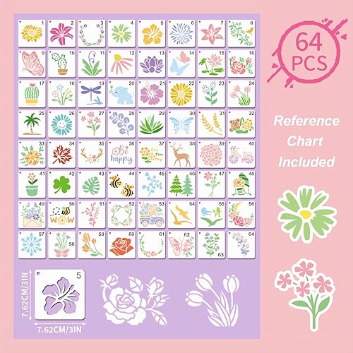 Miniatura 6 de Plantillas de flores para pintar, plantillas profesionales de dibujo artístico 64 piezas 3x3 de plástico PET transparente con patrones de rosa y