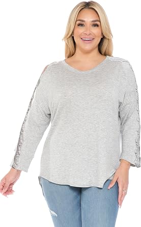 LEEBE Womens Plus Size Crochet Detail Long Sleeve Sweatshirt XL-3X