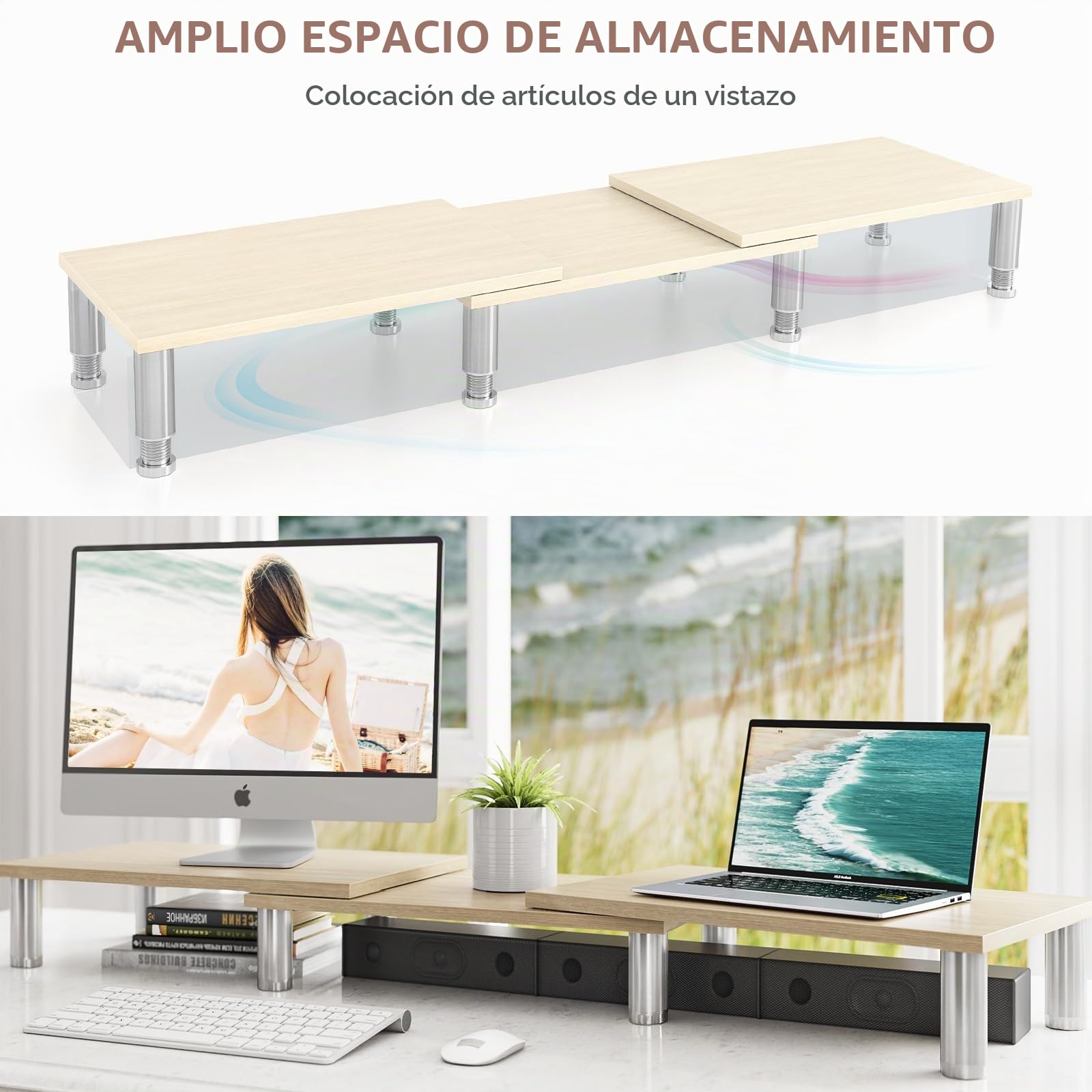 AX Waber Elevador de monitor doble, longitud y ángulo ajustables, soporte de madera para 2 monitores con almacenamiento