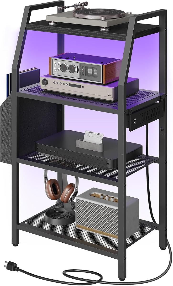 MAHANCRIS Game Console Shelf, Gaming Console Stand with Outlet & LED Lights | 4-Tier AV Media Stand, Stereo Cabinet, Audio Rack Video Tower with Side Storage Bag for PS5/Xbox/DVD Player fits Small Spaces