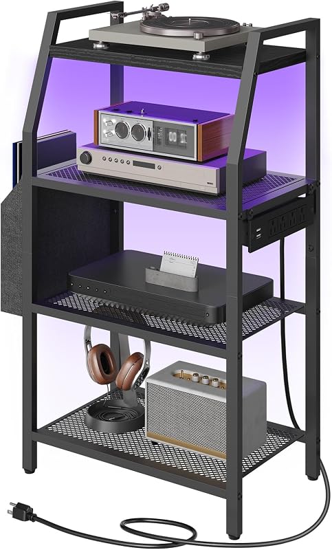 MAHANCRIS Game Console Shelf, Gaming Console Stand with Outlet & LED Lights | 4-Tier AV Media Stand, Stereo Cabinet, Audio Rack Video Tower with Side Storage Bag for PS5/Xbox/DVD Player fits Small Spaces