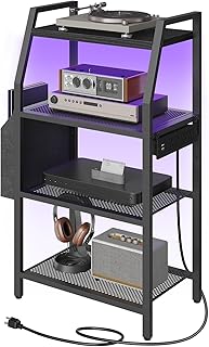 MAHANCRIS Game Console Shelf, Gaming Console Stand with Outlet & LED Lights | 4-Tier AV Media Stand, Stereo Cabinet, Audio Rack Video Tower with Side Storage Bag for PS5/Xbox/DVD Player