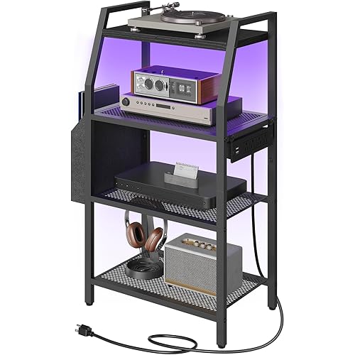 4-Tier AV Media Stand with Power Outlet & LED Lights, Game Console Shelf with Side Storage Bag, Corner Stereo Stand Rack Audio Tower for Small Video DVD Players and Boxes, Black MSBK01E01