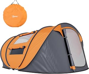 Outsunny 4 Person Dome Camping Tent, Automatic Pop Up Tent with Ground Sheet, Doors, Windows, Carry Bag, 8.6' x 7.2' x 4' Easy Setup Tent for Hiking, Travelling, Beach