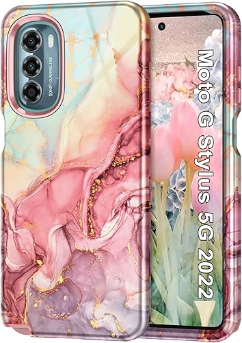 Btscase Funda para Moto G Stylus 5G 2022 (no compatible con 4G), mármol 3 en 1 resistente a prueba de golpes, cuerpo completo, policarbonato duro y