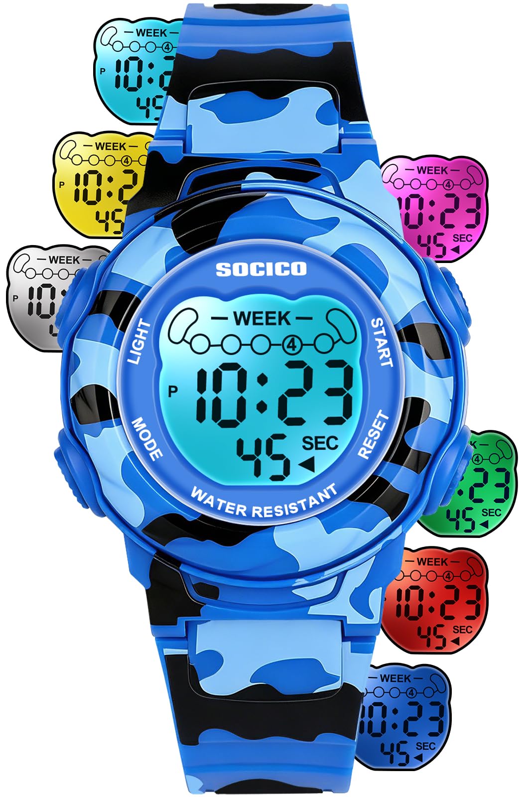SOCICO Kids Digital Watch 50M Waterproof &amp; 7 Color Lights for Boys Girls