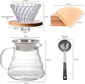 Cafetera goteo v60 de borosilicato (600ml), filtro cafe natural sin blanquear (40 und) y cuchara medidora 15gr, v60 cafetera de goteo para amantes del cafe manual, kit drip coffee o pour over1