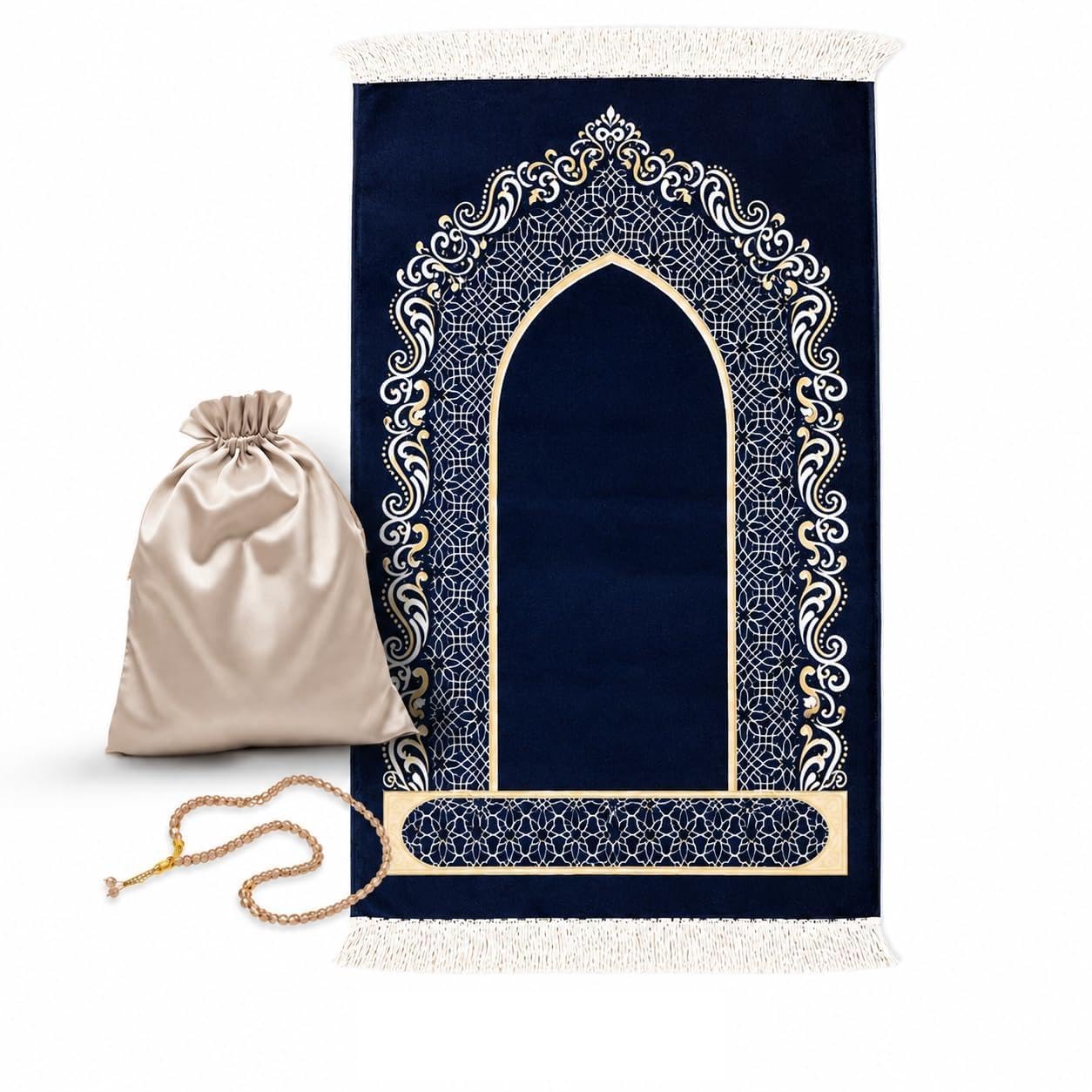 Tapis de Prière Musulman 130 x 70 cm – Velours Doux, Motifs Brodés, Épaisseur 0,4 cm, Tapis Prière Islam Élégant avec Tasbih et Housse (Bleu Nuit)