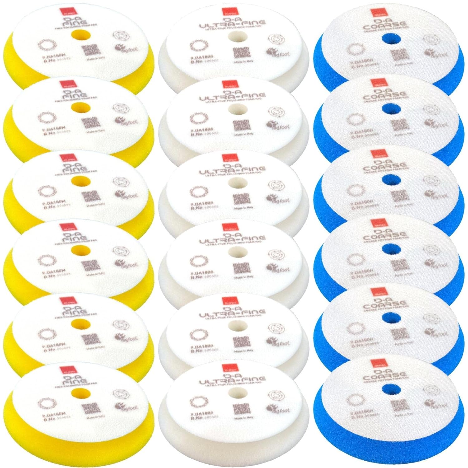 RUPES D-A Series 7" Orbital Foam Polishing Pads Bundle - Includes 6 Fine, 6 Ultra Fine and 6 Coarse Foam Pads - Tailored to Meet The Diverse Needs of Automotive Detailing