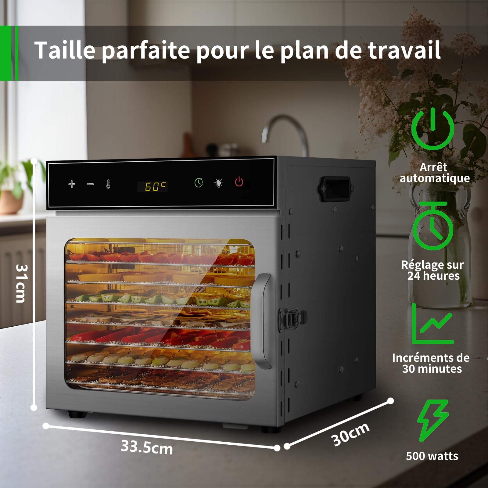 Dörrautomat Edelstahl mit Rezeptheft 8 Etagen, oiyocemo 500W Edelstahl Lebensmittel Dehydrator mit 360° Luftzirkulation, Große Kapazität für Fleisch, Obst, Gemüse, Kräuter